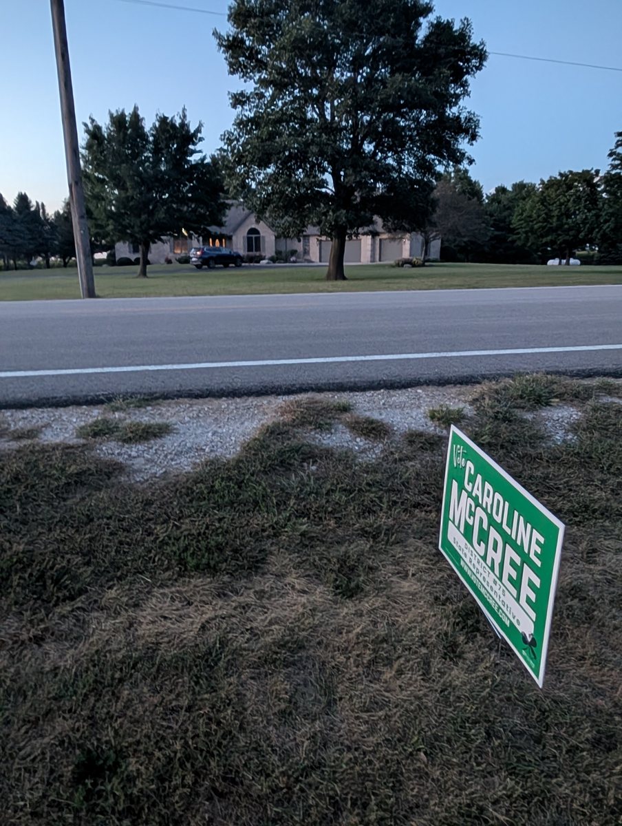 A green McCree campaign sign stands in grass beside a road.